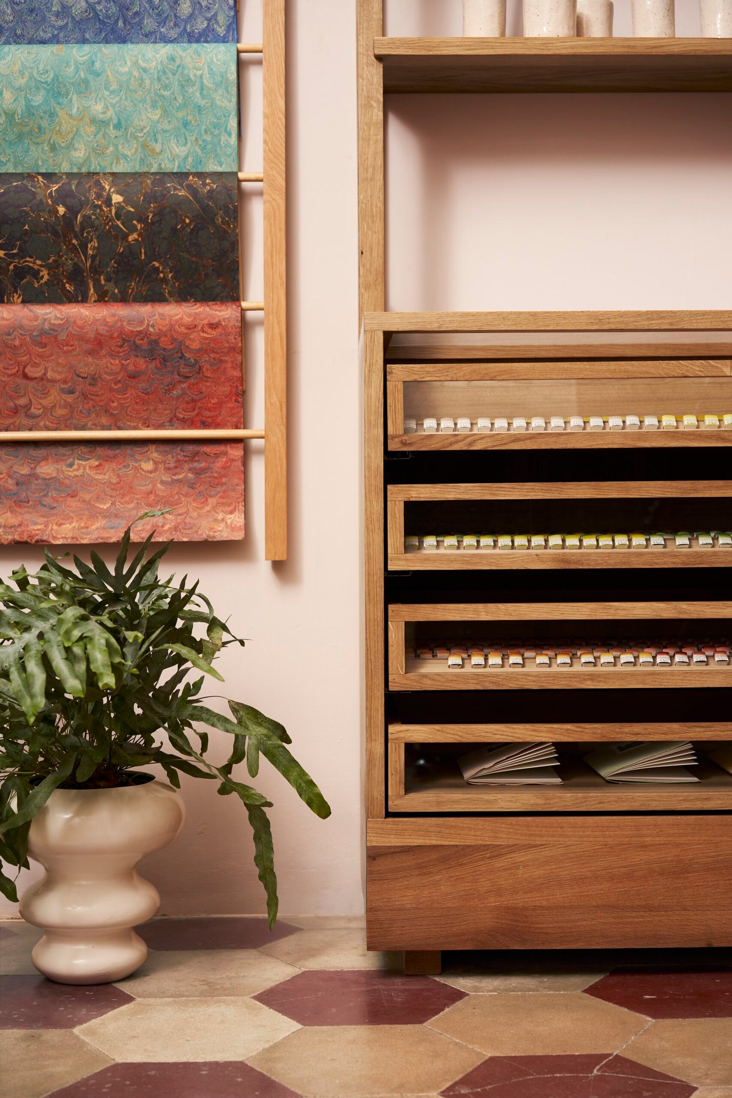 A. Gallo handmade watercolor pans stored in wood drawers in flagship store, Assisi, Italy