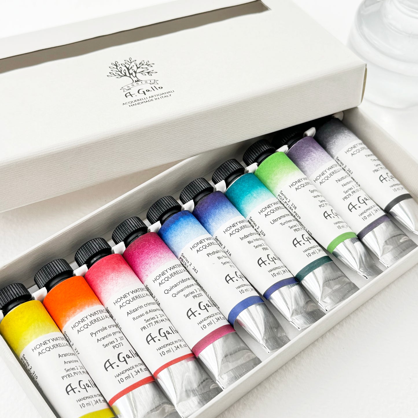 A. Gallo premium handmade watercolor paint tubes in luxury packaging