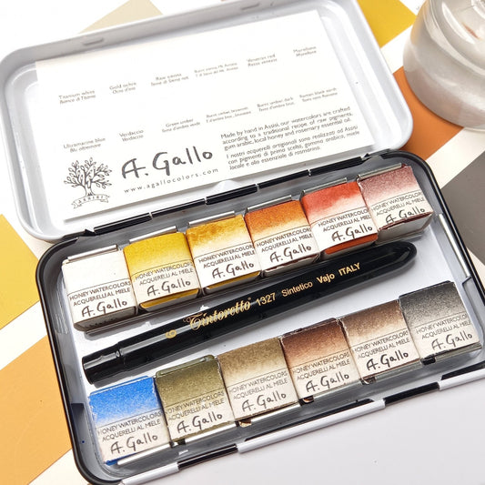 A. Gallo watercolor paint set with a pocket brush on a color swatch background