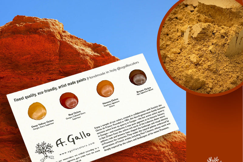 Graphic for 'Sentier des Ochres' by A. Gallo, featuring orange and blue design elements, a rock texture background, a circular inset of yellow-orange powder, and a sample card detailing mineral samples.