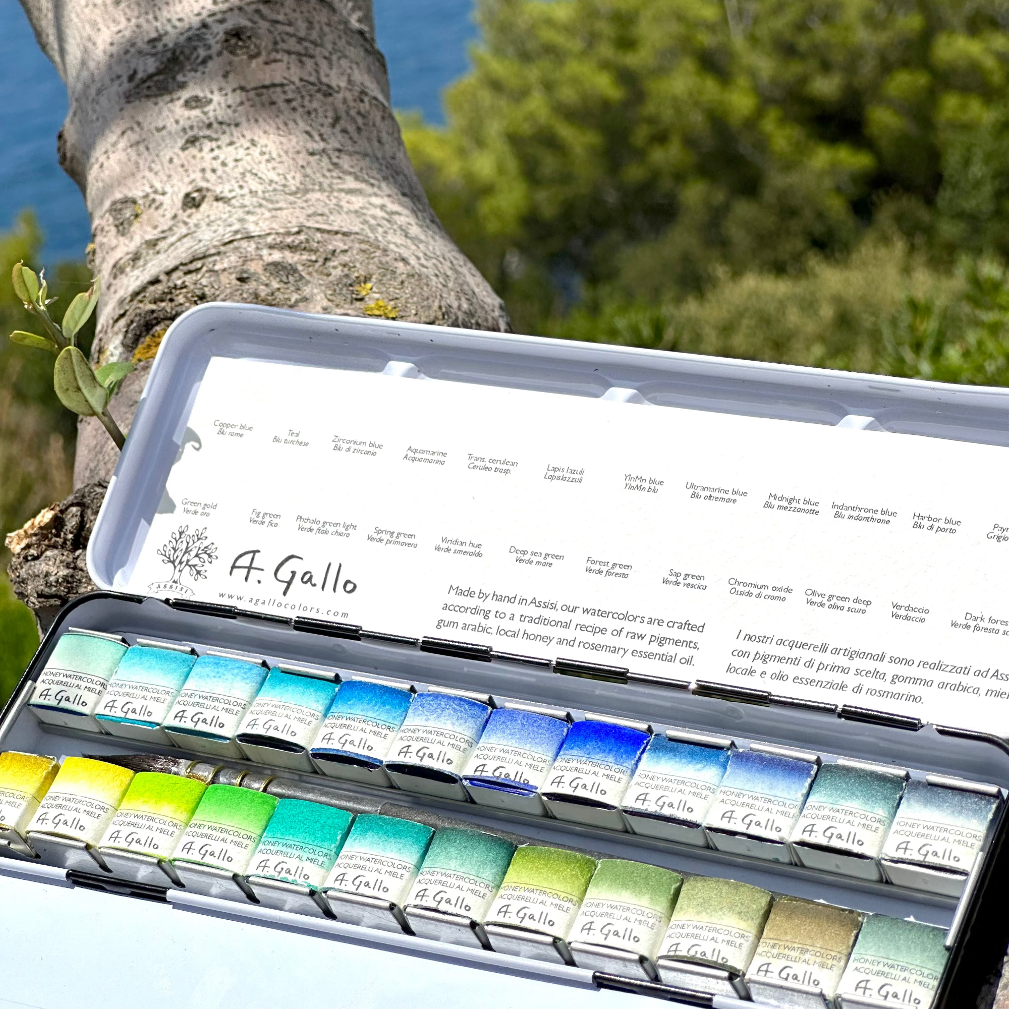 A watercolor paint set by A. Gallo with a scenic background of trees and water.