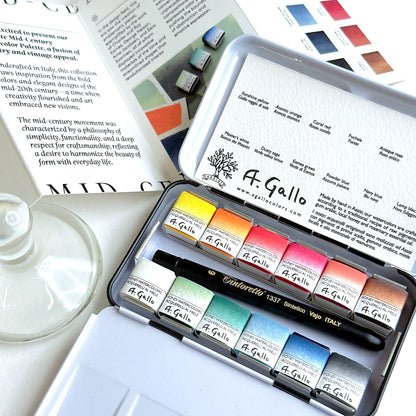 A Gallo watercolor paint set with a white container on a light background