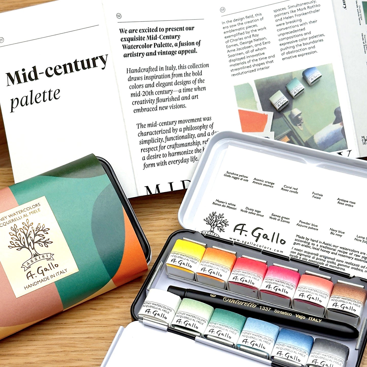 A Gallo watercolor set with open lid showing colors and tools, placed on a surface with text about a mid-century palette.