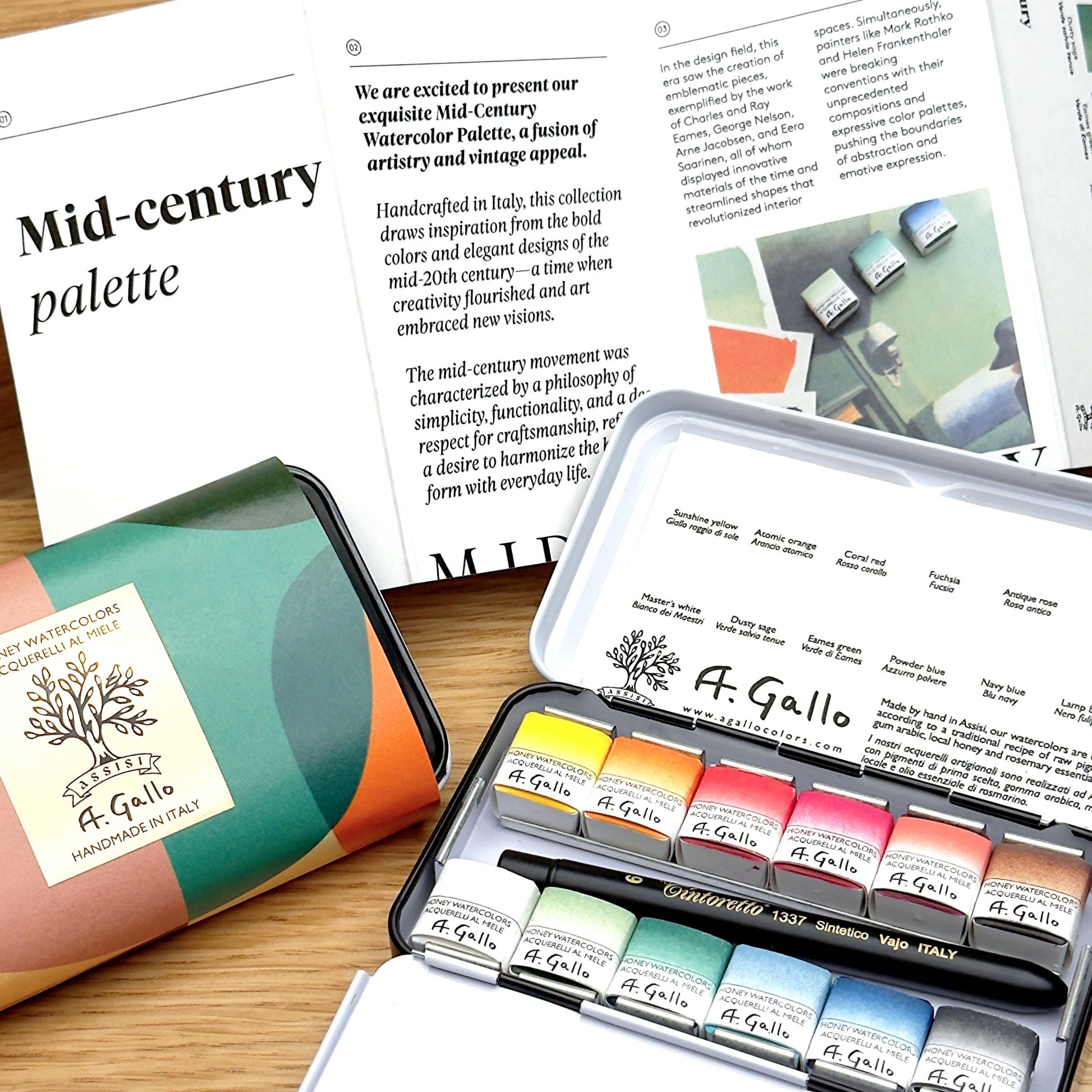 A Gallo watercolor set with open lid showing colors and tools, placed on a surface with text about a mid-century palette.