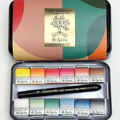 A. Gallo Mid-Century opaque watercolor set with open case on a white background